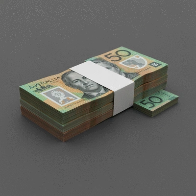 Australian dollars in various denominations, neatly stacked, representing fiat currency, with a subtle background suggesting economic stability. No text, no words, no typography, 8K, high resolution.