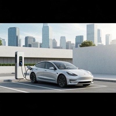 Modern electric car charging at a station, representing eco-friendly transportation, clean image