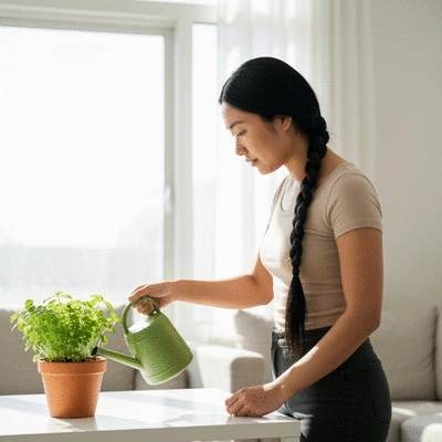 Person tending to a small indoor garden, representing sustainable living for beginners, clean image