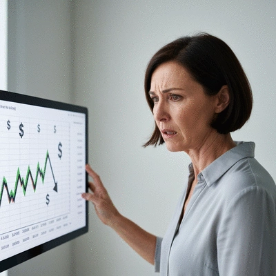 Australian person looking concerned at their finances, with a background showing a graph with a downward trend and Australian dollar symbols, no text, no words, no typography, clean image