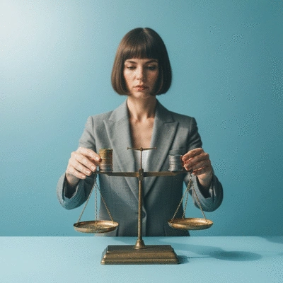 Person balancing two stacks of coins on a scale, symbolizing pros and cons of fiat currency, clean image