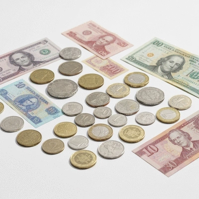 Modern coins and banknotes from various countries arranged to show global finance, clean image