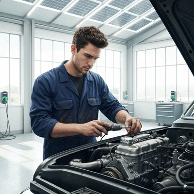 Mechanic working on a classic Fiat engine with eco-friendly tools and materials in a clean, modern garage