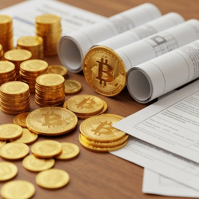 A diverse portfolio of assets including gold coins, cryptocurrency symbols, and documents, representing wealth protection strategies against currency risks. No text, no words, no typography, 8K, high resolution.