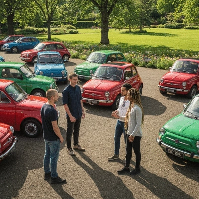 Group of diverse Fiat enthusiasts discussing sustainable practices next to classic and modern Fiats in an outdoor setting