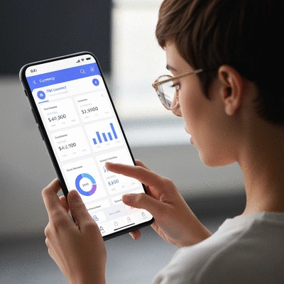 Person using a fiat currency management app on a smartphone, showing charts and budgeting tools