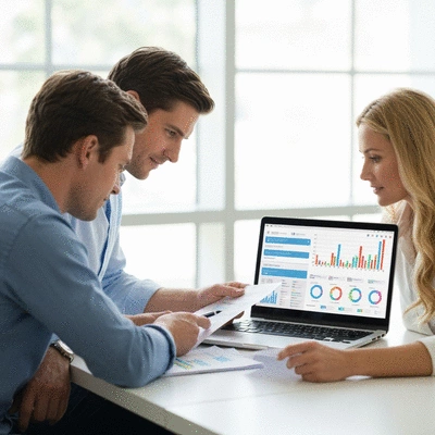 Australian couple reviewing financial documents at a table with a laptop, showing a diverse portfolio of investments, no text, no words, no typography, clean image