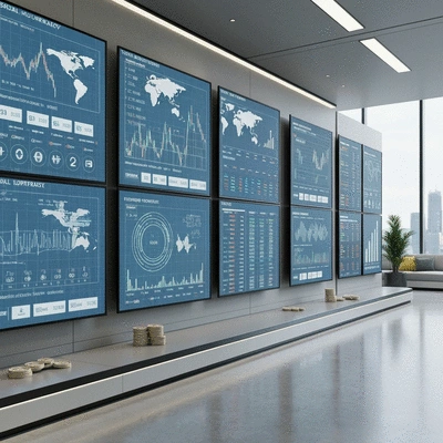 Modern financial hub with digital displays showing global trade and currency exchange, representing fiat currency's role