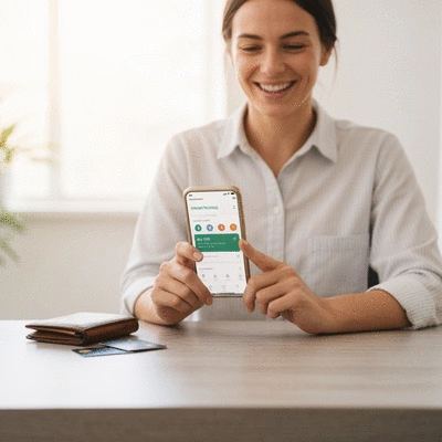 Person using a mobile banking app on a smartphone to manage AUD finances, with a wallet and cards nearby